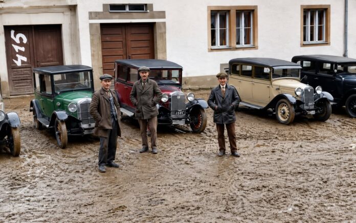 Stanovište bánovských taxíkov na mieste dnešného Centra voľného času (niekdajší Faltusov dom). Na fotografii sú podľa pamätníkov zachytení taxikári Ján Palo a pán Ďurech. Fotografiu poskytol Vladimír Palo